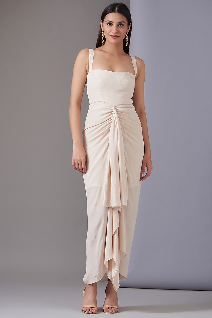 Ivory Crepe Hand Embroidered Draped Dress by Twinkle Hanspal