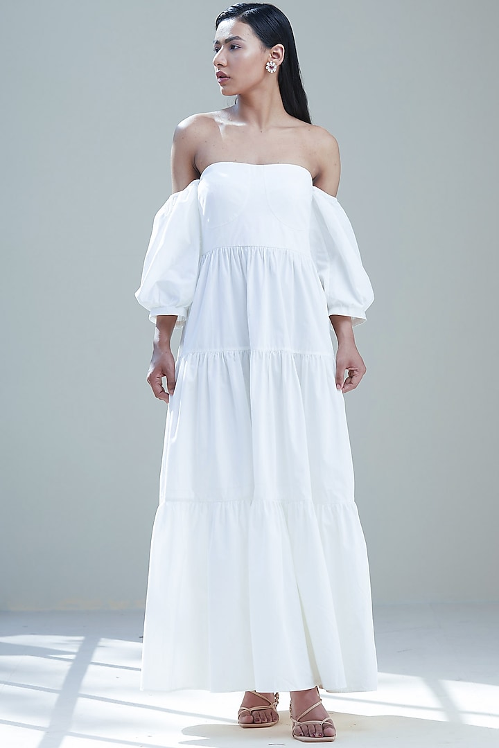 White Gathered Maxi Dress by Twinkle Hanspal