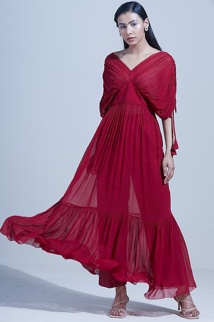 Red Ruched Maxi Dress by Twinkle Hanspal