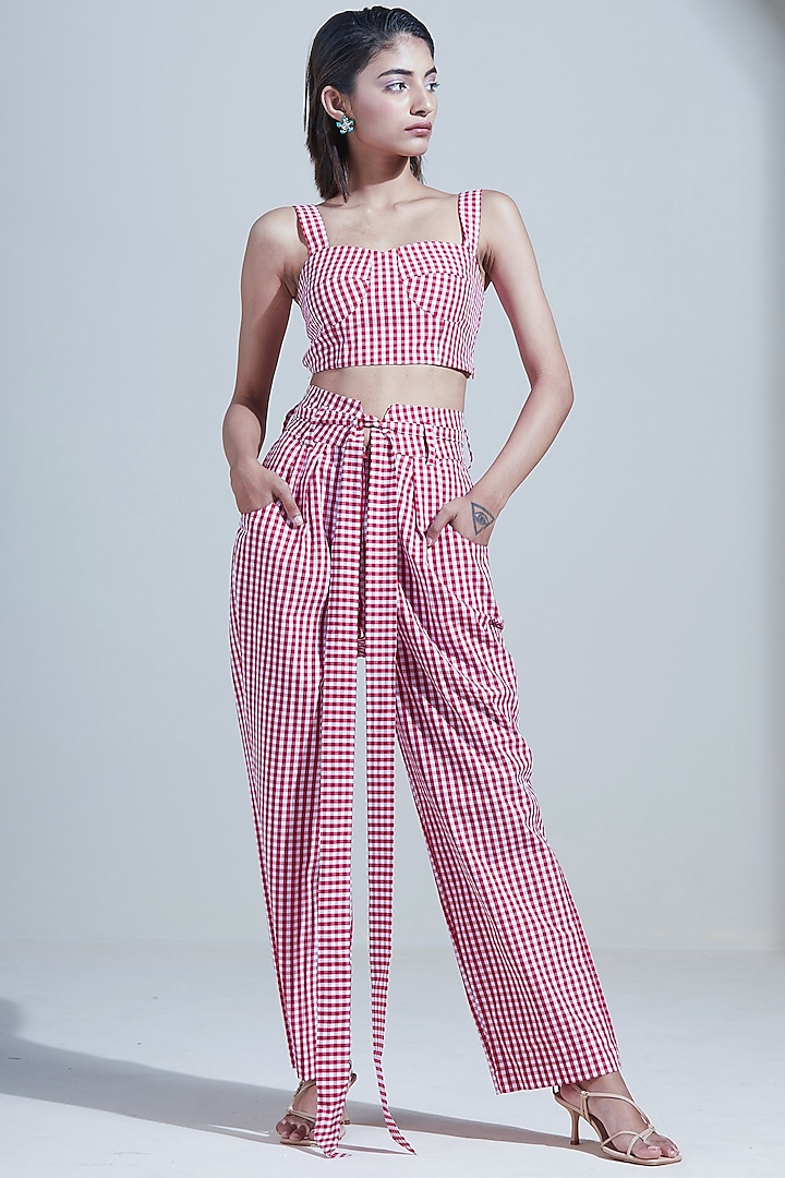 Pink Cotton Gingham Pant Set by Twinkle Hanspal