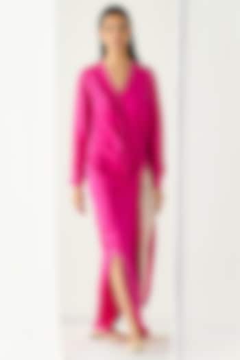 Fuschia Pink Cord Embroidered Draped Dress by Twinkle Hanspal