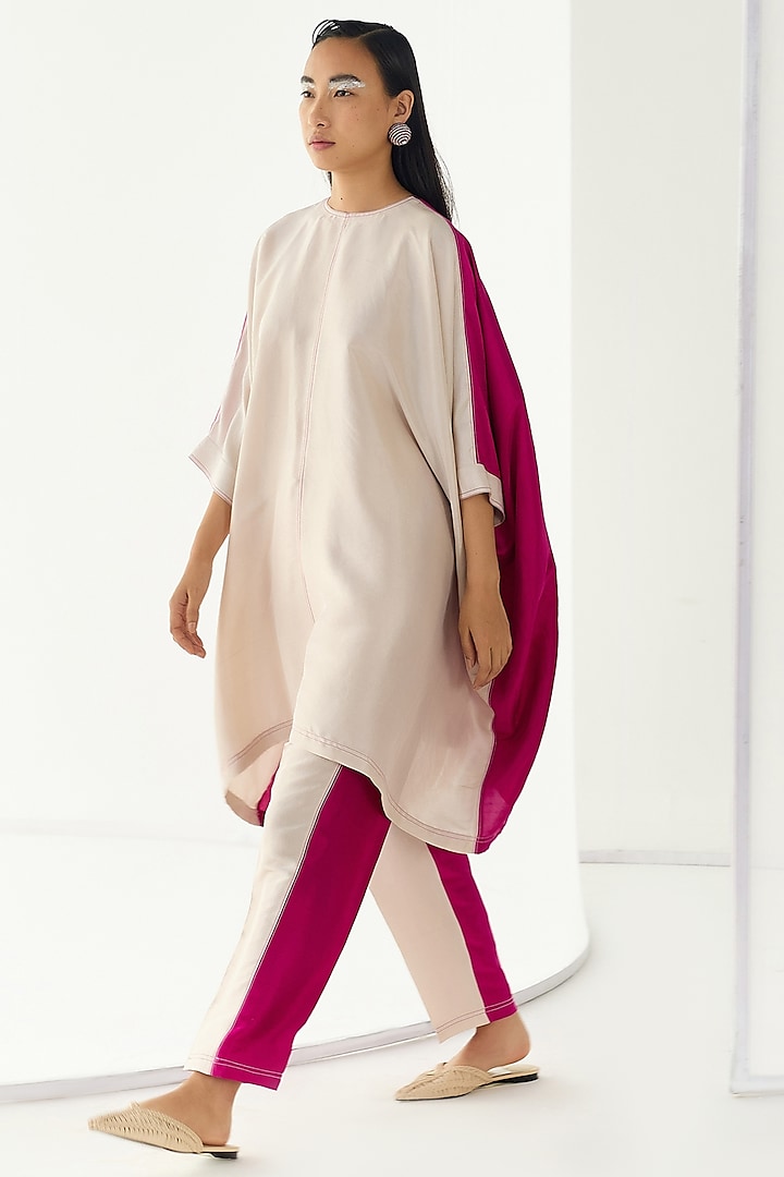 Ivory & Fuchsia Color Blocked Kaftan Set by Twinkle Hanspal