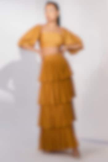 Yellow Georgette Ruffled Skirt Set by Twinkle Hanspal