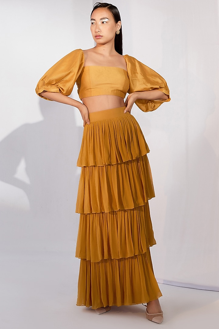 Yellow Georgette Ruffled Skirt Set by Twinkle Hanspal at Pernia's Pop Up Shop