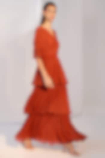 Burnt Orange Ruched Maxi Dress by Twinkle Hanspal
