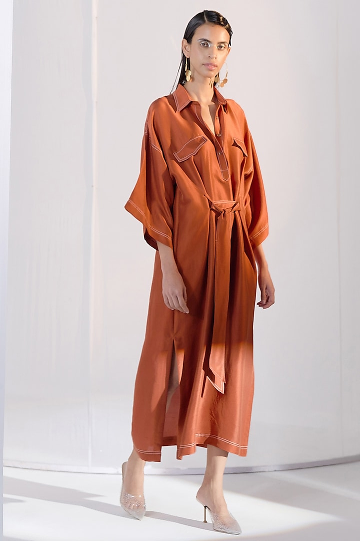 Burnt Orange Silk Kaftan Dress by Twinkle Hanspal
