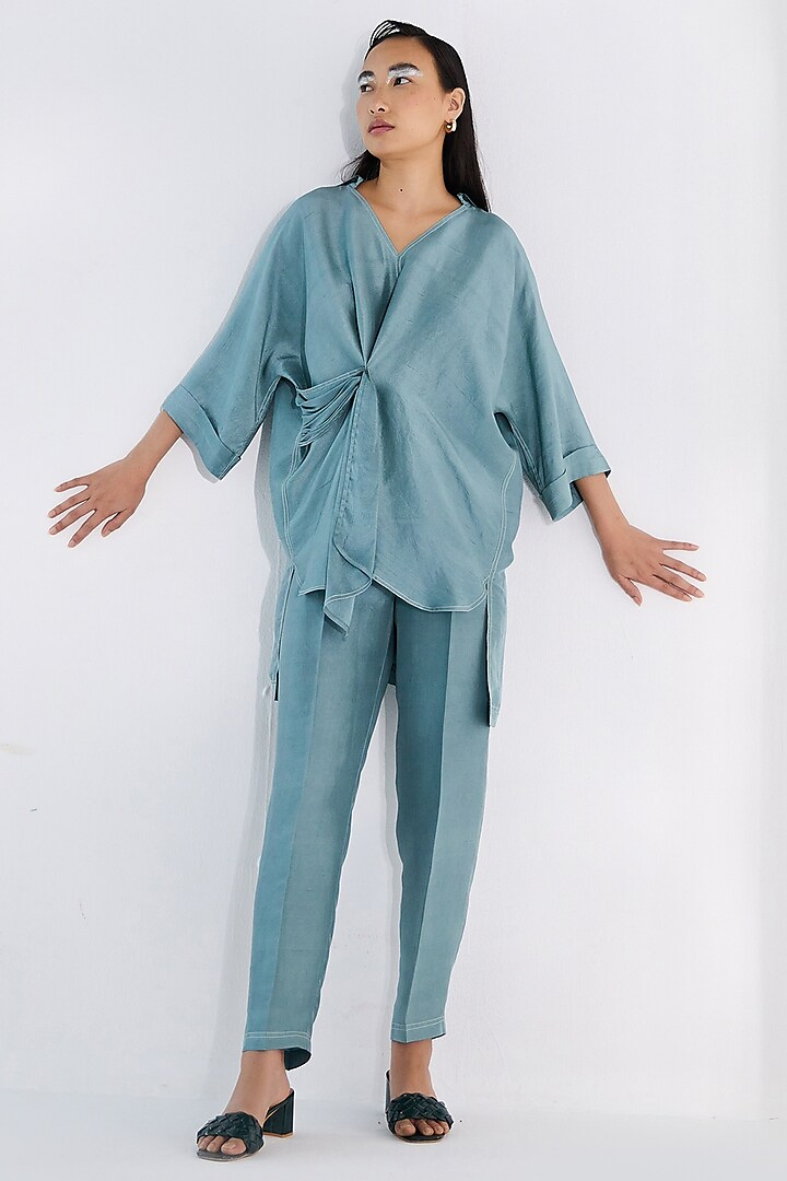 Teal Blue Pure Silk Pant Set by Twinkle Hanspal