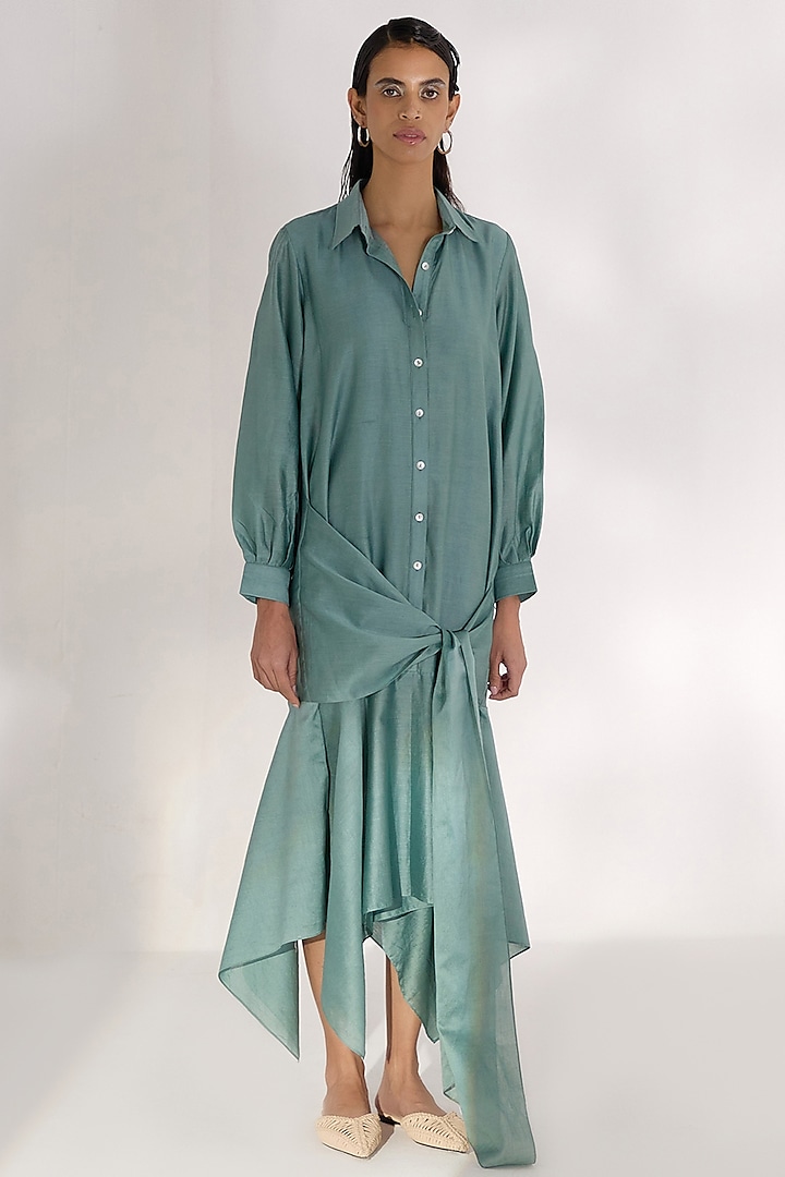 Teal Blue Chanderi Layered Maxi Dress by Twinkle Hanspal