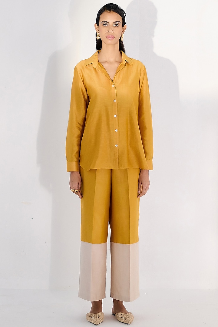 Yellow Color Blocked Pant Set by Twinkle Hanspal