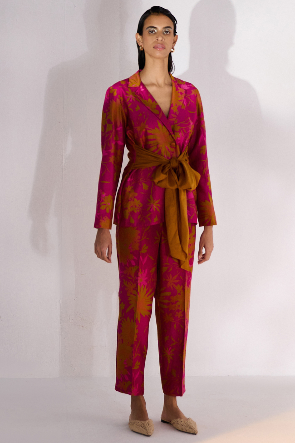 Mustard & Fuchsia Chanderi & Silk Blazer Set by Twinkle Hanspal at Pernia's Pop Up Shop