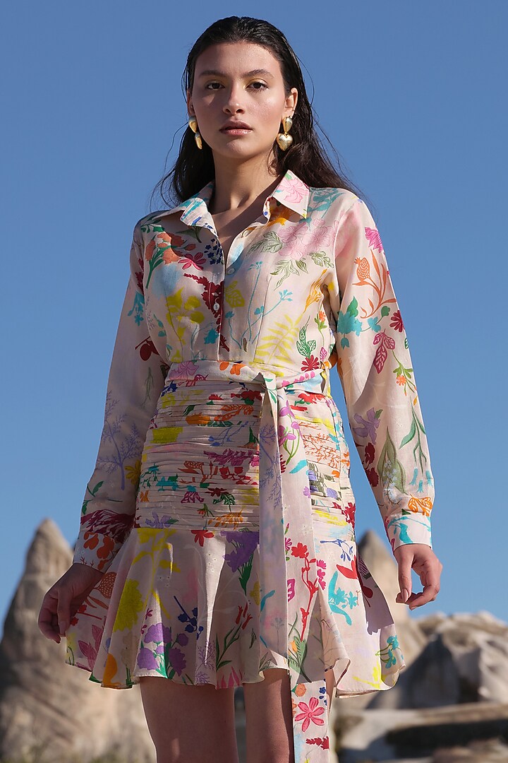Multi-Colored Handloom Chanderi Printed Mini Vacation Dress by Twinkle Hanspal at Pernia's Pop Up Shop