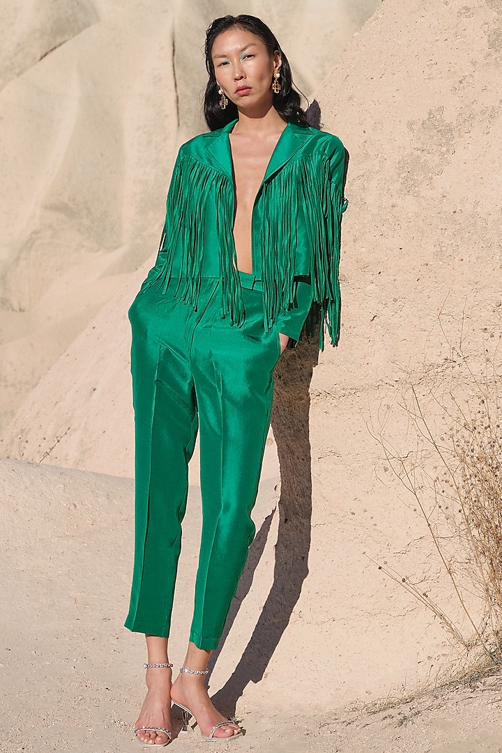 Green Pure Silk Fringed Jacket Set by Twinkle Hanspal