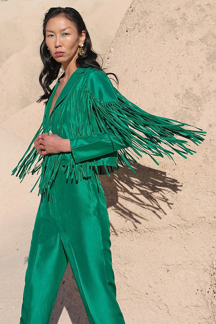 Green Pure Silk Fringed Jacket Set by Twinkle Hanspal at Pernia's Pop Up Shop