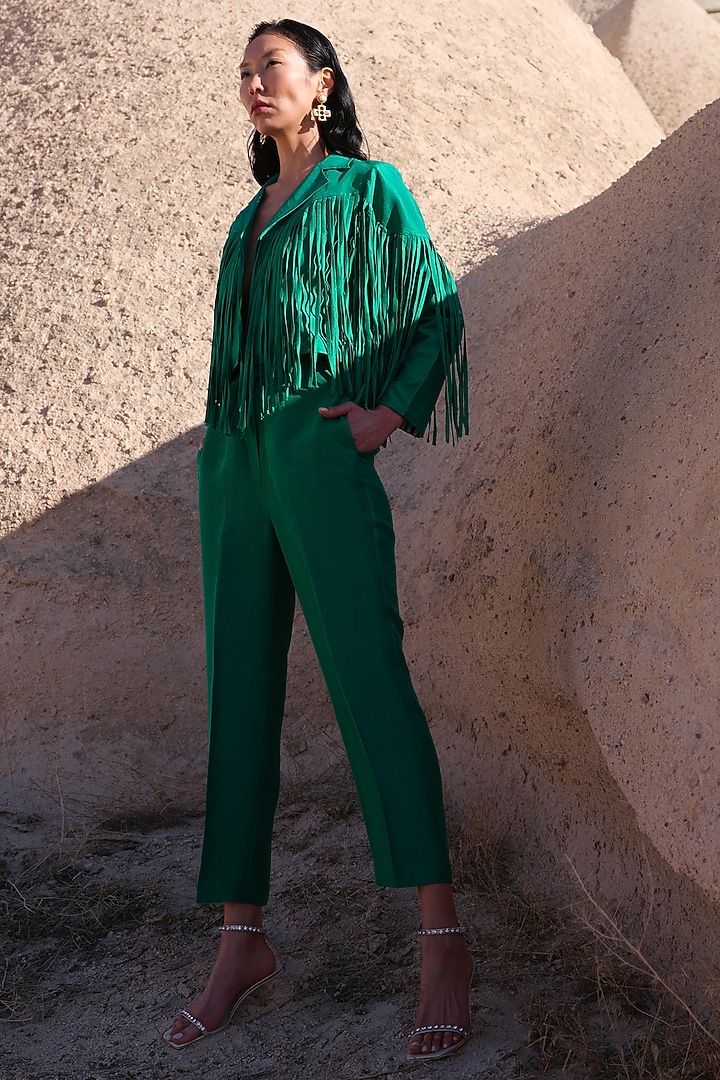 Green Pure Silk Fringed Jacket Set by Twinkle Hanspal at Pernia's Pop Up Shop