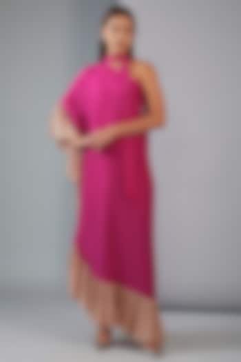 Fuchsia & Beige Pure Silk One-Shoulder Kaftan Maxi Dress by Twinkle Hanspal