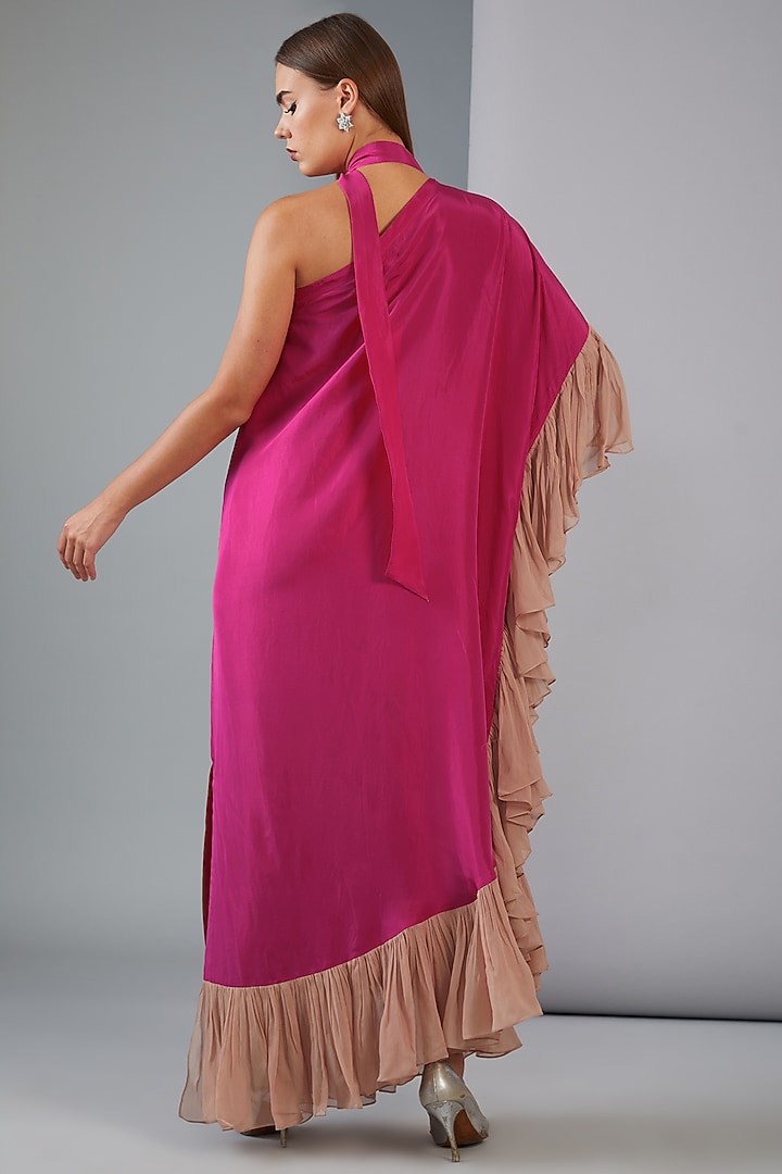 Fuchsia & Beige Pure Silk One-Shoulder Kaftan Maxi Vacation Dress by Twinkle Hanspal at Pernia's Pop Up Shop