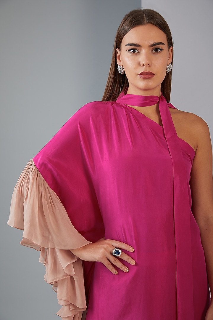 Fuchsia & Beige Pure Silk One-Shoulder Kaftan Maxi Vacation Dress by Twinkle Hanspal at Pernia's Pop Up Shop
