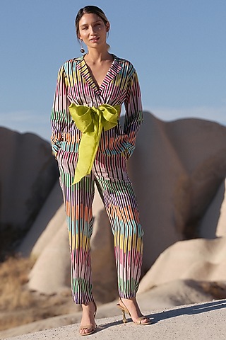 Multi-Colored Crepe Printed Blazer Set by Twinkle Hanspal
