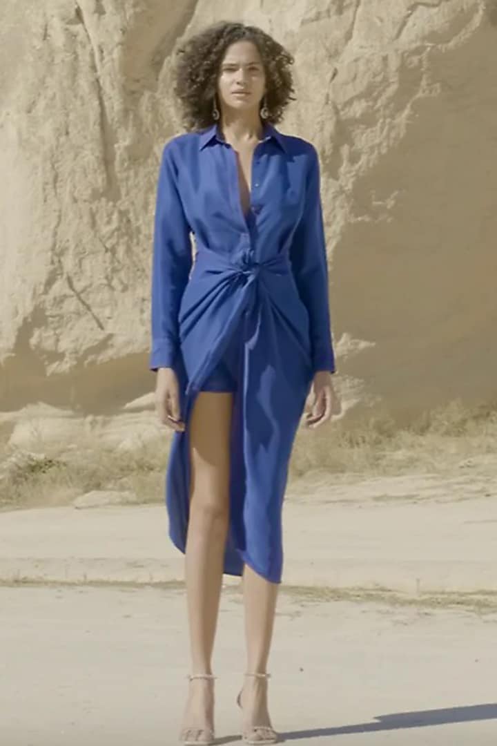 Indigo Pure Silk Vacation Shirt Dress by Twinkle Hanspal at Pernia's Pop Up Shop