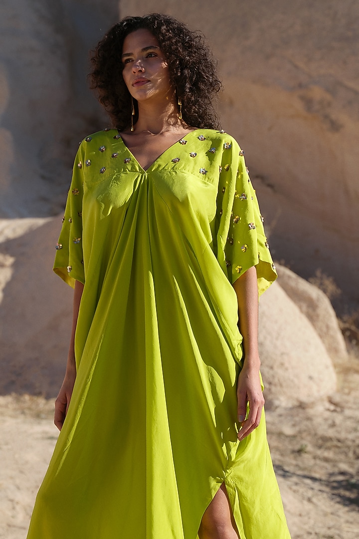 Lime Pure Silk Hand Embroidered Kaftan by Twinkle Hanspal at Pernia's Pop Up Shop