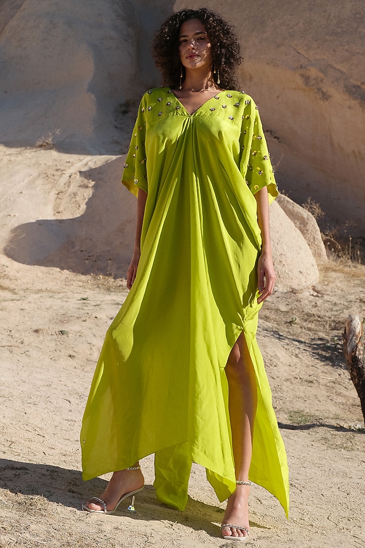 Lime Pure Silk Hand Embroidered Kaftan by Twinkle Hanspal at Pernia's Pop Up Shop