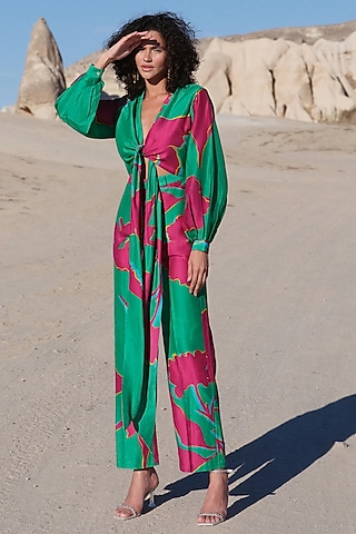 Green & Fuchsia Handloom Chanderi Bonsai Printed Jumpsuit by Twinkle Hanspal