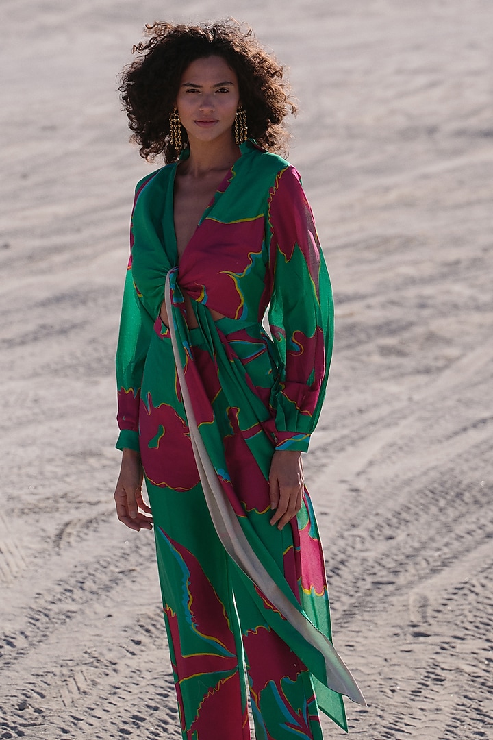 Green & Fuchsia Handloom Chanderi Bonsai Printed Jumpsuit by Twinkle Hanspal at Pernia's Pop Up Shop