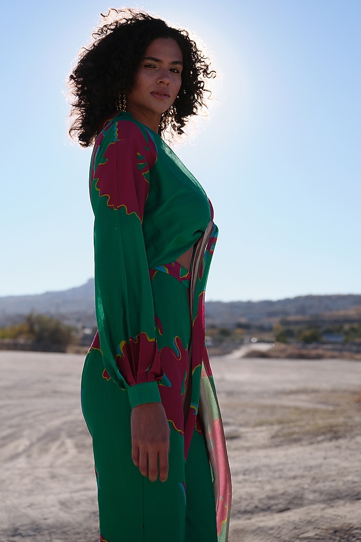 Green & Fuchsia Handloom Chanderi Bonsai Printed Jumpsuit by Twinkle Hanspal at Pernia's Pop Up Shop