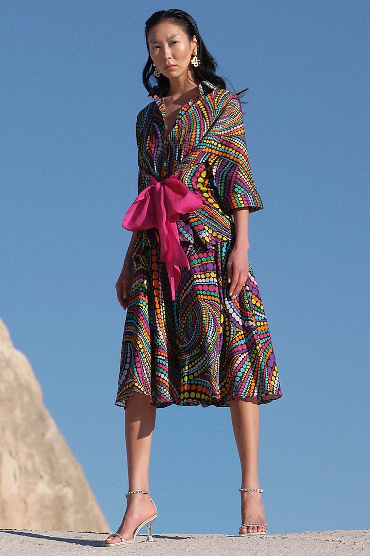 Multi-Colored Handloom Chanderi Printed Skirt Set by Twinkle Hanspal