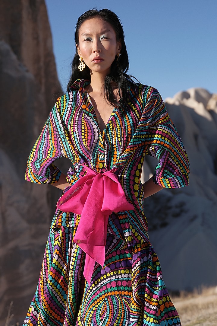 Multi-Colored Handloom Chanderi Printed Skirt Set by Twinkle Hanspal at Pernia's Pop Up Shop