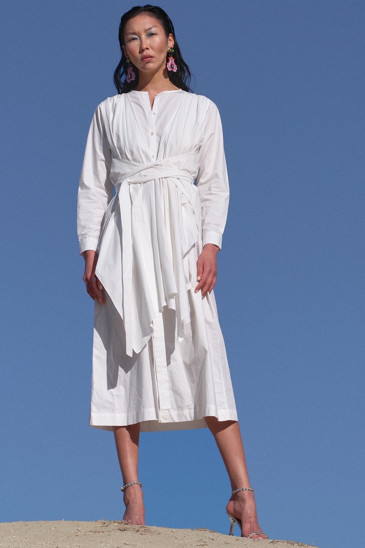 White draped 2024 shirt dress