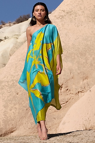 Lime & Turquoise Handloom Chanderi Printed Kaftan Set by Twinkle Hanspal