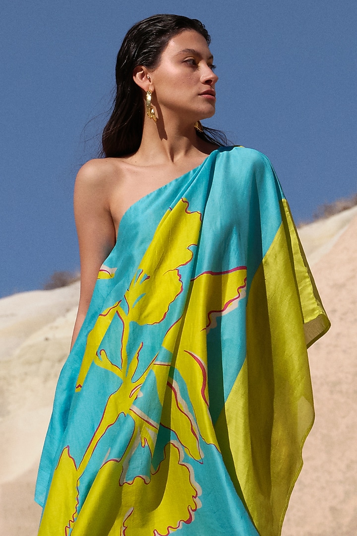 Lime & Turquoise Handloom Chanderi Printed Kaftan Set by Twinkle Hanspal at Pernia's Pop Up Shop