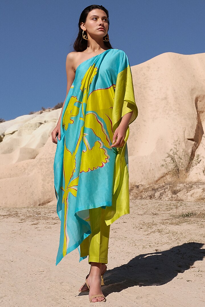 Lime & Turquoise Handloom Chanderi Printed Kaftan Set by Twinkle Hanspal at Pernia's Pop Up Shop