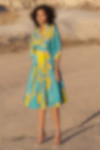 Turquoise & Lime Handloom Chanderi Printed Dress by Twinkle Hanspal
