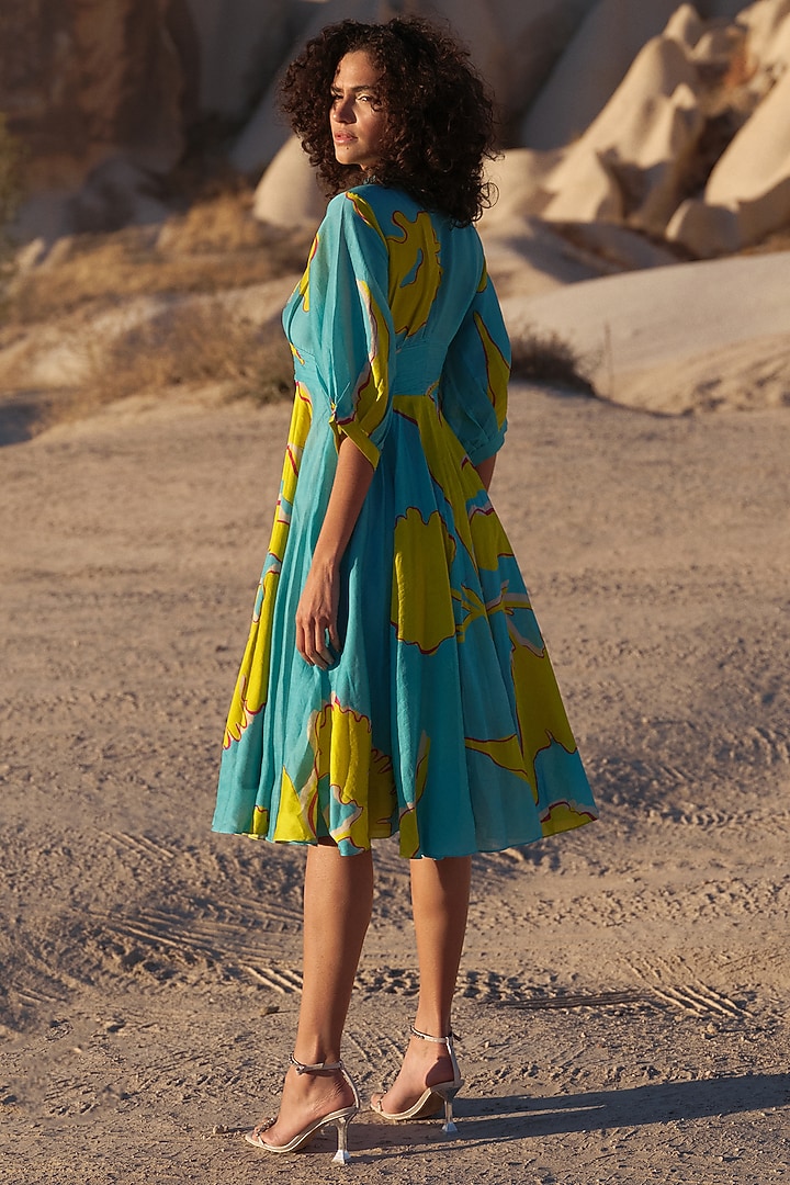 Turquoise & Lime Handloom Chanderi Printed Summer Dress by Twinkle Hanspal at Pernia's Pop Up Shop