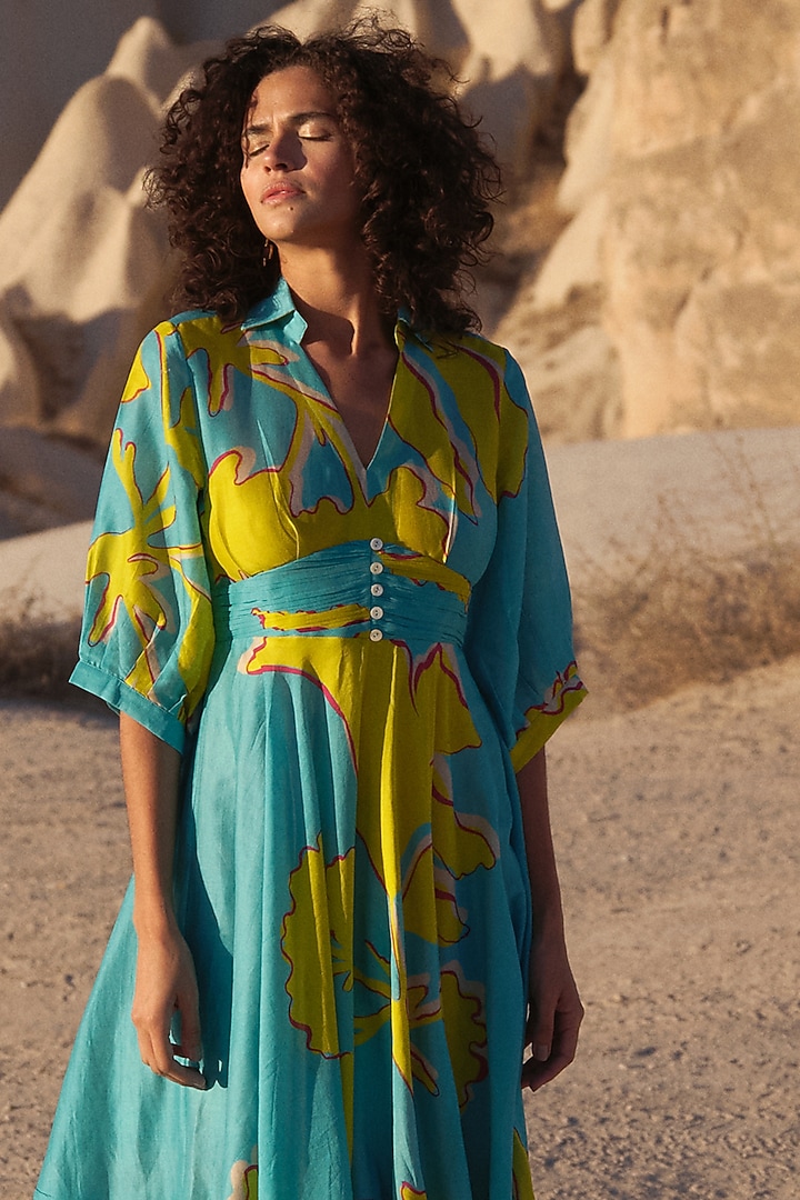 Turquoise & Lime Handloom Chanderi Printed Summer Dress by Twinkle Hanspal at Pernia's Pop Up Shop