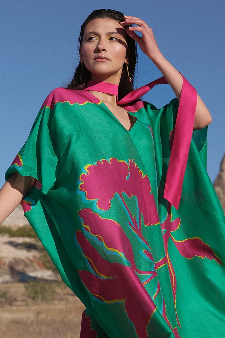 Green & Fuchsia Handloom Chanderi Bonsai Printed Kaftan by Twinkle Hanspal at Pernia's Pop Up Shop