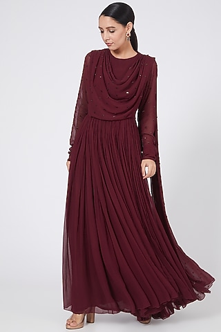 Wine Hand Embroidered Draped Kalidar Anarkali by Twinkle Hanspal
