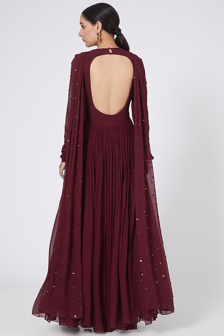 Wine Hand Embroidered Draped Kalidar Wedding Anarkali by Twinkle Hanspal at Pernia's Pop Up Shop