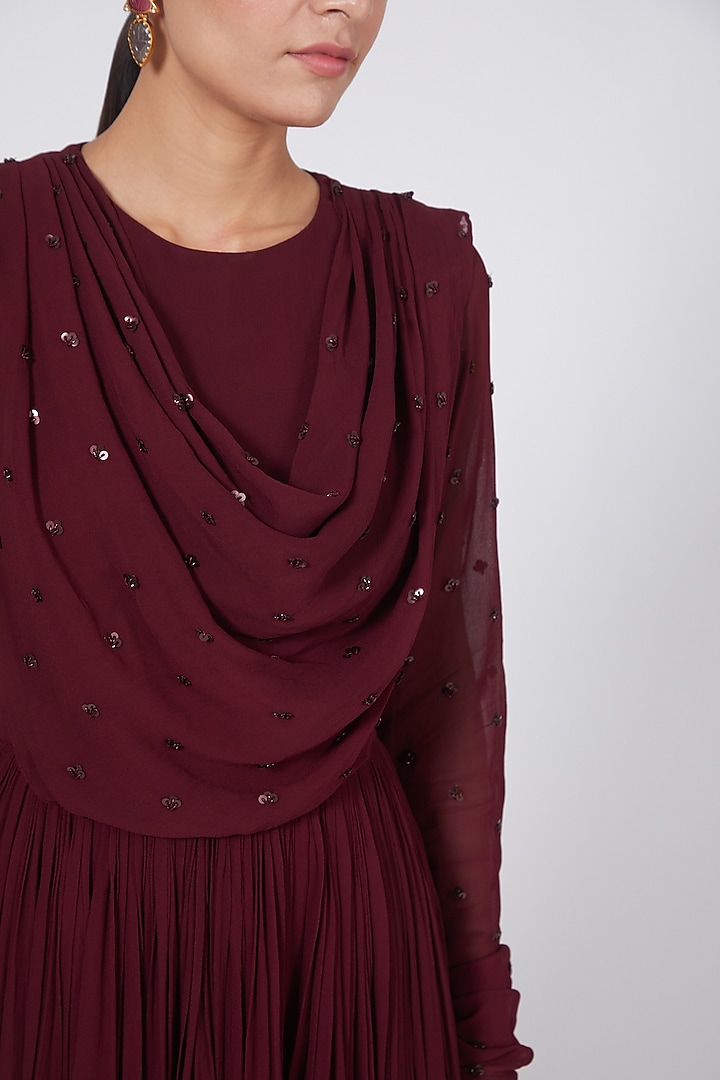 Wine Hand Embroidered Draped Kalidar Wedding Anarkali by Twinkle Hanspal at Pernia's Pop Up Shop