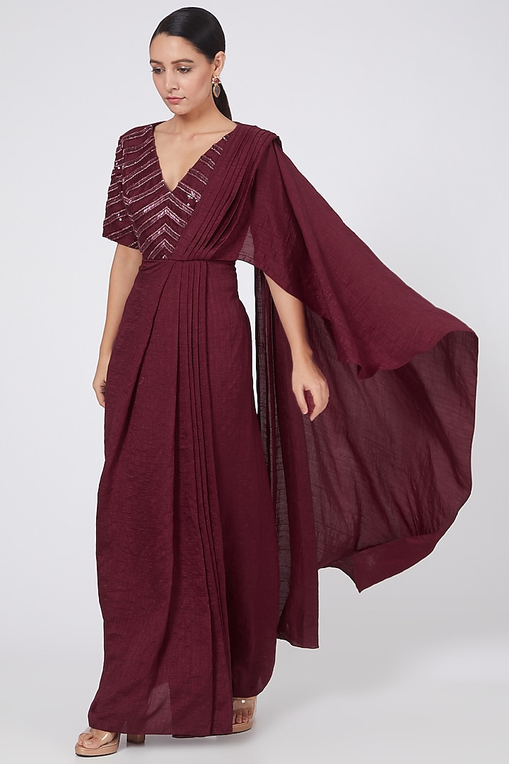 Wine Hand Embroidered Draped Gown Saree by Twinkle Hanspal