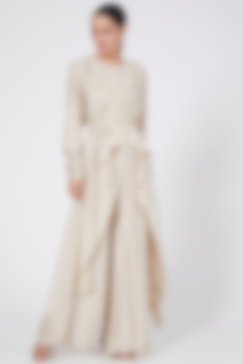 Ivory Zardosi Embroidered Draped Jumpsuit With Belt by Twinkle Hanspal