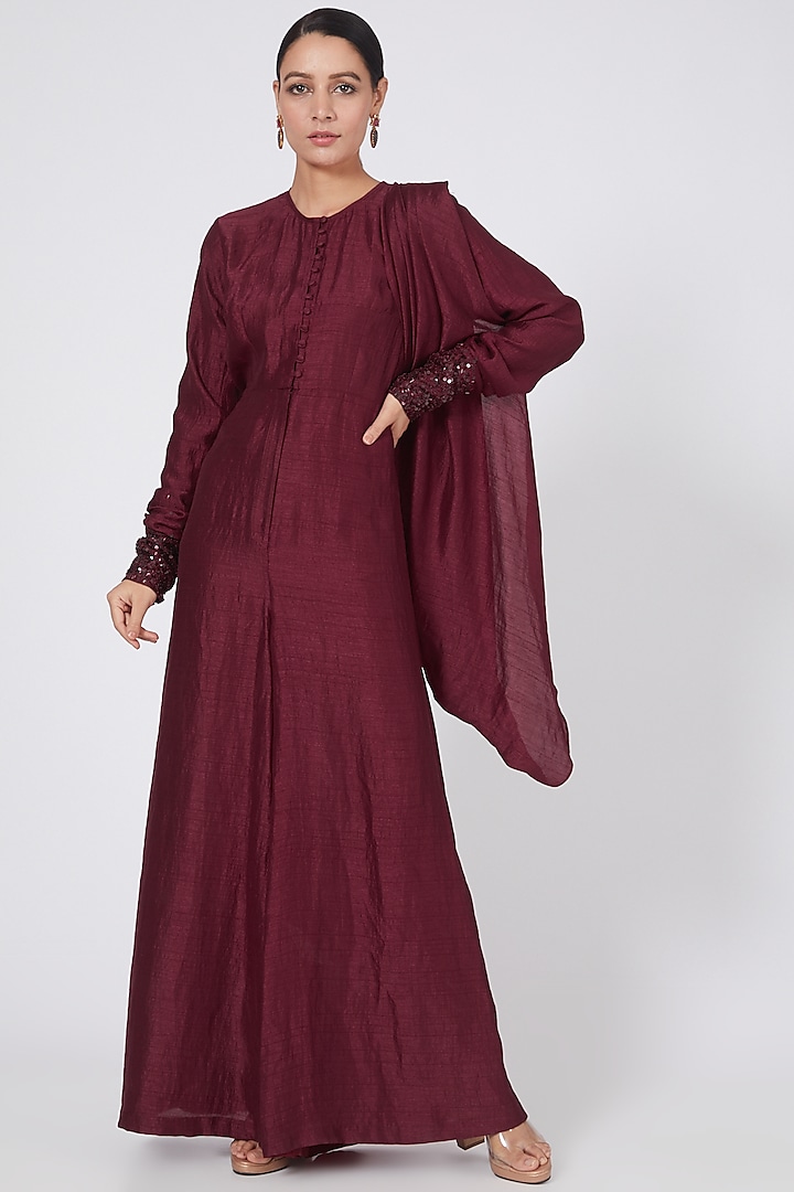 Wine Zardosi Embroidered Draped Giselle Jumpsuit by Twinkle Hanspal
