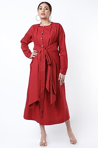 Cadmium Red Cotton Poplin Midi Dress by Twinkle Hanspal