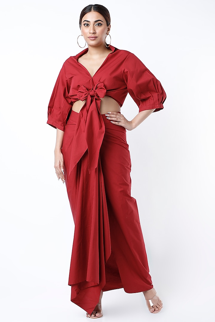Cadmium Red Draped Skirt Set by Twinkle Hanspal