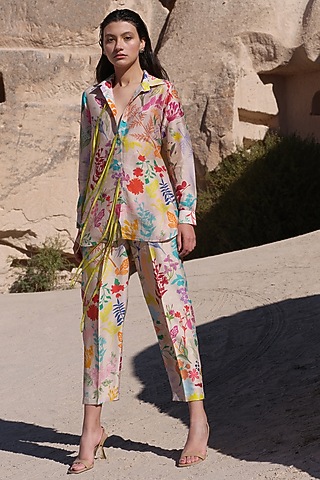 Multi-Colored Handloom Chanderi Printed Co-Ord Set by Twinkle Hanspal