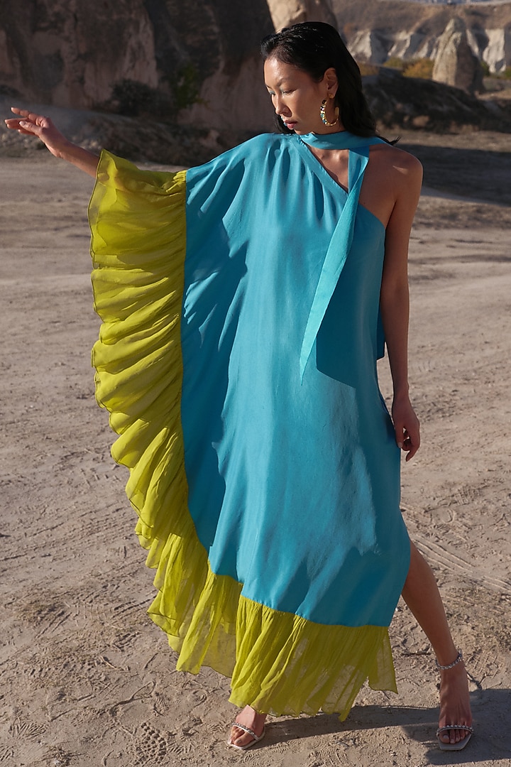 Turquoise & Lime Pure Silk One-Shoulder Kaftan Dress by Twinkle Hanspal