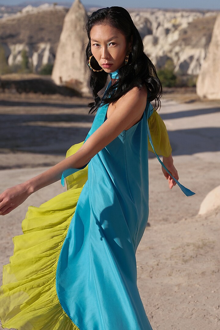 Turquoise & Lime Pure Silk One-Shoulder Kaftan Vacation Dress by Twinkle Hanspal at Pernia's Pop Up Shop