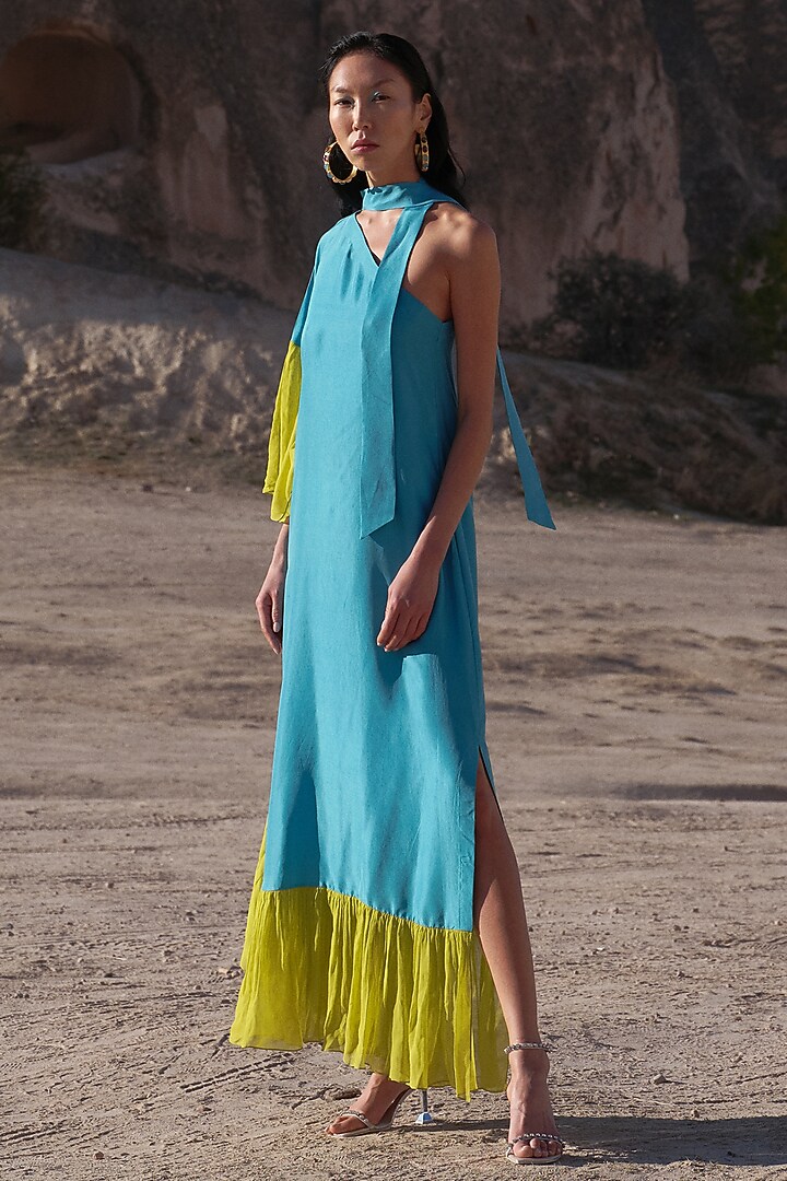 Turquoise & Lime Pure Silk One-Shoulder Kaftan Vacation Dress by Twinkle Hanspal at Pernia's Pop Up Shop